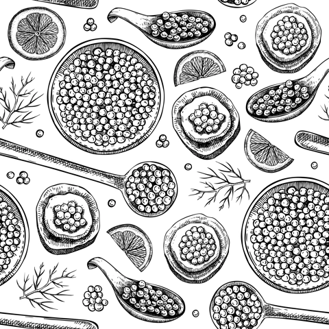 Seafood background for restaurant or finger food menu design. Hand-drawn sketches of canned caviar, red caviar canape, bread, lemons. Sea delicacy seamless pattern in sketched style.
